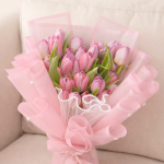 this is a pink tulip bouquets design by mdzamar from zamarqa.com flower shop in doha qatar